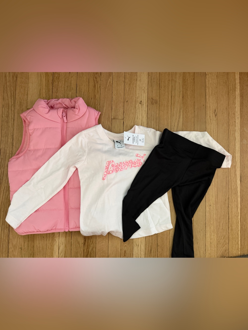 Puma Girls Pink Puffer Vest, White Logo Tee & Black Leggings Set
